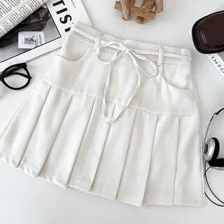 High Rise Plain Pleated Mini A-Line Skirt White by DIYI