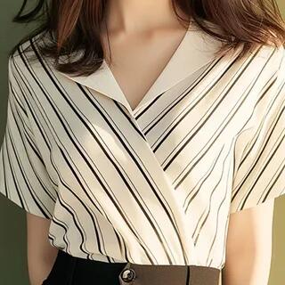 Short-Sleeve V-Neck Striped Blouse Stripes - Black & Almond by Dragan Pulse