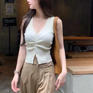 V-Neck Plain Ribbed Knit Tank Top White by Bloom&Beaute