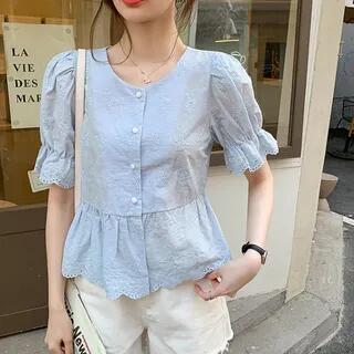 Puff-Sleeve Floral Embroidered Lace Trim Button-Up Blouse Blue by Cloud Nine