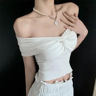 Off Shoulder Plain Twist Top / Ruched Midi Rise Midi A-Line Skirt Top - White by Metonymph