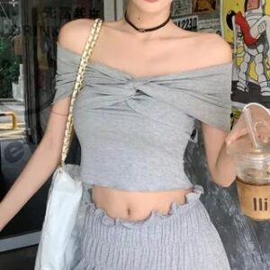 Off Shoulder Plain Twist Top / Ruched Midi Rise Midi A-Line Skirt Top - Gray 281360254