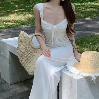 Spaghetti Strap Plain Ruffle Sundress White by Metonymph