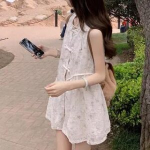 Sleeveless Round Neck Jacquard Frog Button Dress Off-White 281360279