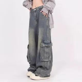 Mid Waist Washed Baggy Cargo Jeans Blue by Kenning