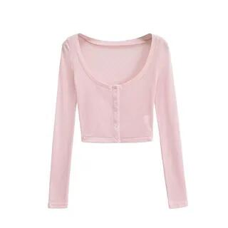 Lace Trim Camisole Top / Scoop Neck Crop Cardigan 24102 - Cardigan - Plain - Light Pink by Ulark