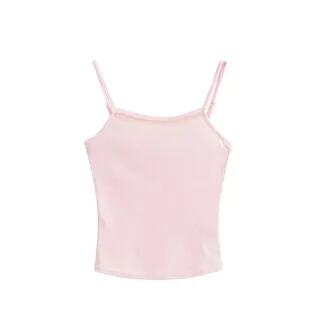 Lace Trim Camisole Top / Scoop Neck Crop Cardigan 24103 - Camisole Top - Plain - Light Pink by Ulark