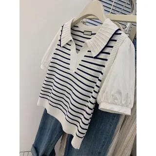 Short-Sleeve Collared V-Neck Striped Mock Two Piece Panel Blouse Black & White by Isaaca