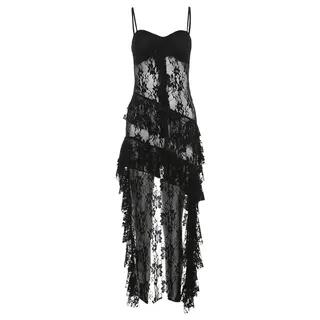 Spaghetti Strap Lace Panel Ruffled Asymmetric-Hem Mini Dress Black by Sosana