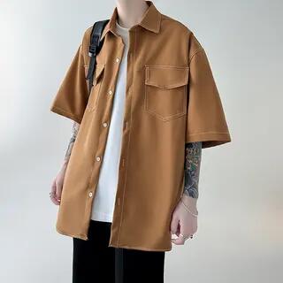 Short-Sleeve Contrast Stitched Button-Up Shirt C158 - Coffee by GRAYCIOUS