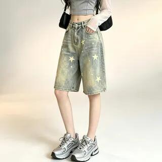 Mid Rise Star Print Washed Denim Shorts Blue by RONIN