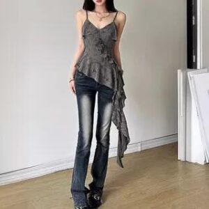 V-Neck Plain Asymmetrical Ruffle Trim Distressed Slim Fit Cami Top Gray 281360807