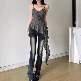 V-Neck Plain Asymmetrical Ruffle Trim Distressed Slim Fit Cami Top Gray by Sosana