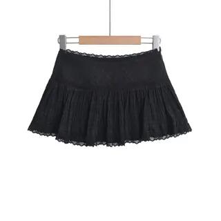Balletcore Low Waist Lace-Trim Plain Mini A-Line Skirt Black by Sosana