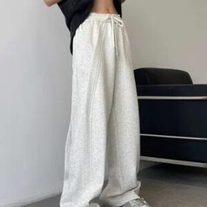 Drawstring Waist Plain Wide Leg Sweatpants Grayish White 281360916