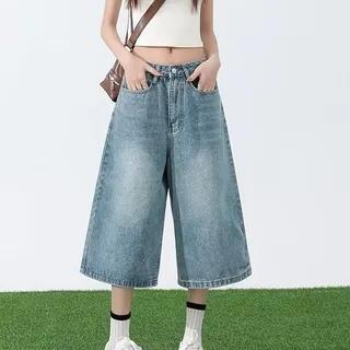 Low Rise Washed Denim Jorts Light Blue by Wildfoea