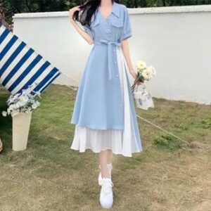 Short-Sleeve Collared Midi A-Line Dress Sky Blue 281360957