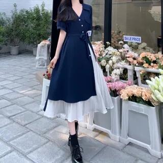 Short-Sleeve Collared Midi A-Line Dress Navy Blue by Cloud Nine