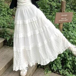 High Waist Plain Eyelet Lace Panel Tiered Maxi A-Line Skirt Skirt - White by PINPI