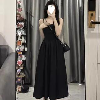 Spaghetti Strap Pleated A-Line Midi Dress Black by Sienne
