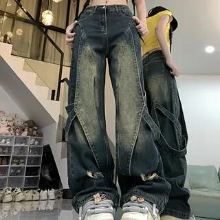 Mid Rise Washed Distressed Panel Loose Fit Jeans (Various Designs) Normal Edition - Vintage Blue by Porstina