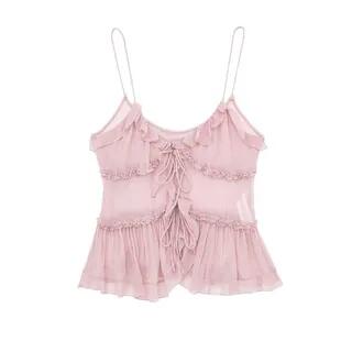 Plain Ruffle Trim Tie Front Crop Camisole Top Light Green by Allinya