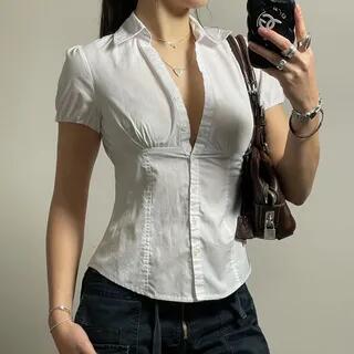 Short Sleeve V-Neck Plain Slim-Fit Shirt White by Sosana