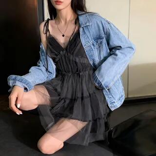Sleeveless V-Neck Mesh Mini A-Line Dress Black by Asiris
