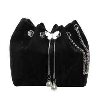 Butterfly Accent Bucket Bag Shoulder Bag - Black by Velocia
