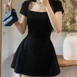 Short-Sleeve Square Neck Plain Ruched Mini A-Line Dress Black by ANORA