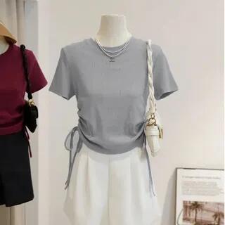Short-Sleeve Crew Neck Plain Lace Up T-Shirt Silver Gray by Rosesand