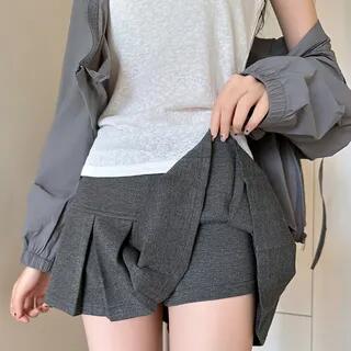 Mid Rise Panel Accordion Pleat A-line Sports Mini Skirt With Inset Shorts Gray by Mikiko