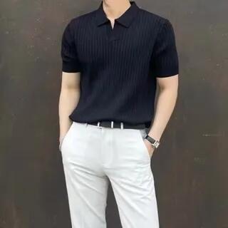 Short Sleeve V-Neck Plain Ribbed Knit Polo Top Black by Double White