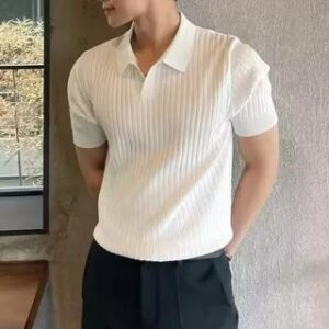 Short Sleeve V-Neck Plain Ribbed Knit Polo Top White 281361882