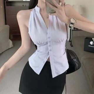 Sleeveless V-Neck Striped Button-Up Shirt Shirt - White by Metonymph