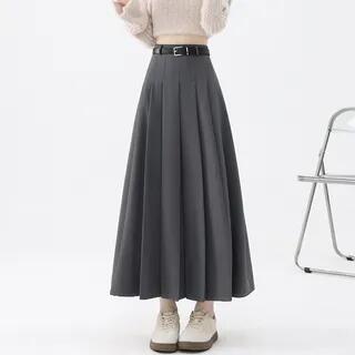 High Rise A-Line Pleated Maxi Skirt Light Gray by Ukiyo