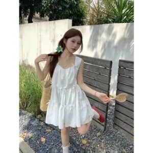 Sleeveless Square Neck Plain Bow Panel Mini A-Line Dress White 281362025
