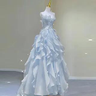 Plain Ruffle A-Line Evening Gown Blue by MSSBridal