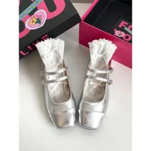 Square Toe Double-Strap Chunky Heel Mary Jane Pumps Silver 281362044