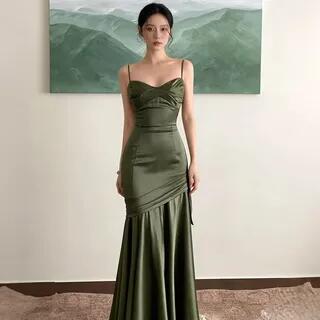 Bow Accent Spaghetti Strap Plain Maxi A-line Evening Gown Green by JIYON