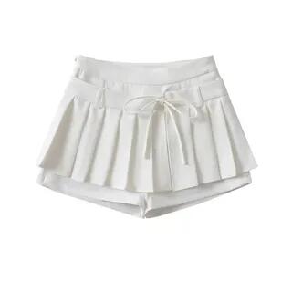 High Waist Plain Pleated Mock Two Piece Mini A-Line Skort White by Asiris