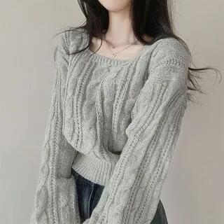 Square Neck Cable Knit Plain Crop Sweater Light Gray by MIKIGA