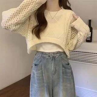 Crewneck Cable Knit Plain Crop Sweater Almond by Moon City