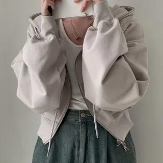 Plain Crop Zip-Up Hoodie Ash Beige by Coris