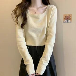 Long-Sleeve Square Neck Plain Top Almond by Isaaca