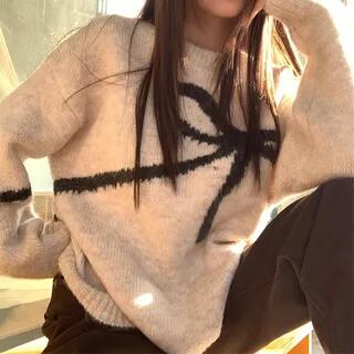 Crew Neck Bow Print Sweater Almond by monroll