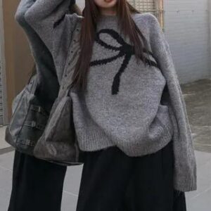 Crew Neck Bow Print Sweater Gray 281404745