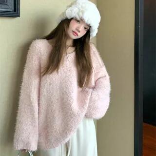 Scoop Neck Plain Sweater / Drawstring Waist Wide Leg Pants Sweater - Pink by ANORA