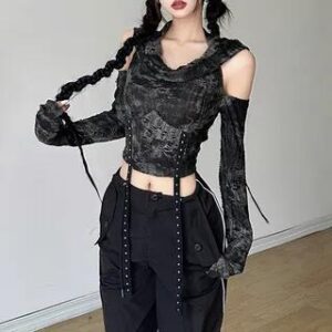 Long-Sleeve Cold Shoulder Distressed Hooded Crop Top Black 281404791