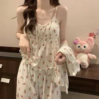 Pajama Set: V-Neck Lace Trim Shirred Camisole Top + Pants + Button-Up Jacket T831 - Set - Pink Rose - Beige by Siensien